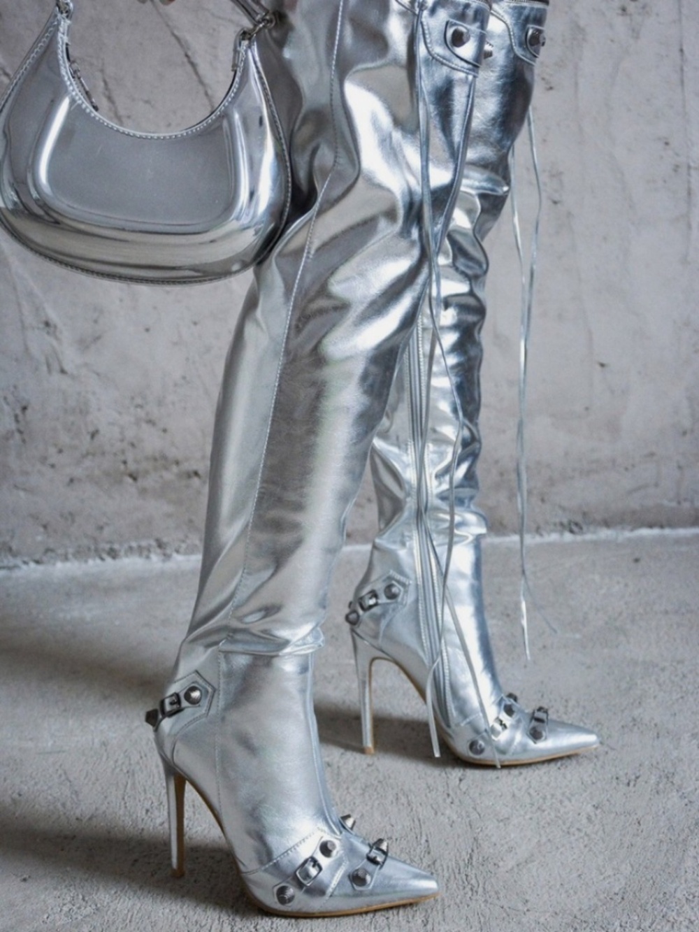 Cade Robbin silver matte thigh high boots with studded details #studded #edgy